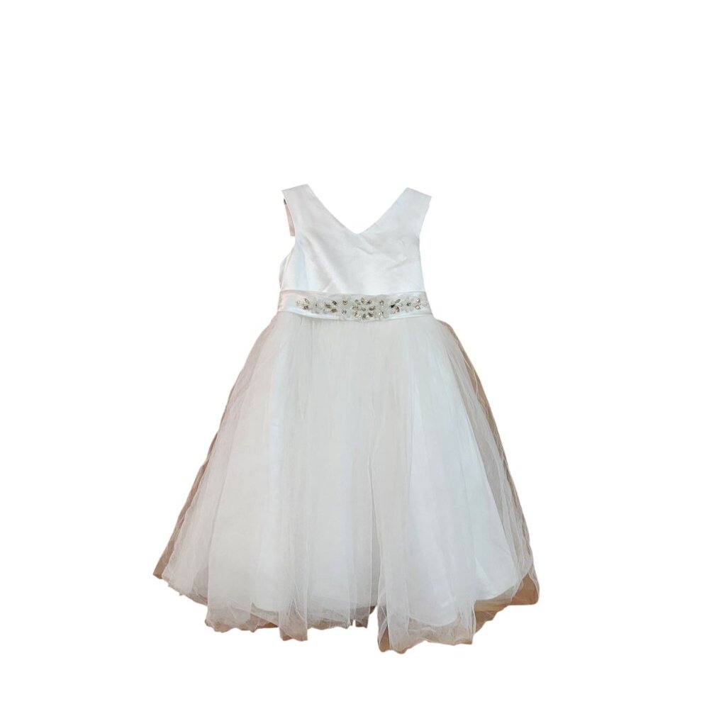 Custom Made White Flower Girl Dress With Tulle Skirt & Floral Waistband
